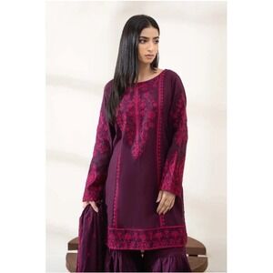 MARIA B Embroidered Kurta Tunic Women Purple Pink Floral Long Sleeve Boho XS